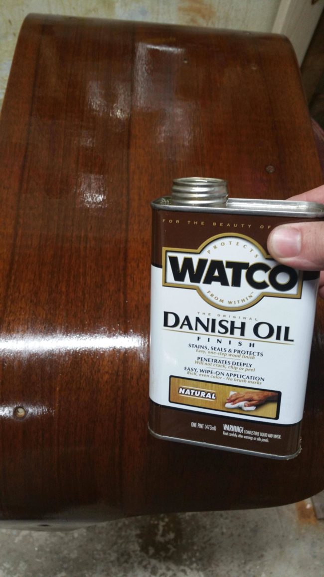 The refurbisher decided on using a Danish oil finish. He first applied a flood coat, followed by two wipe-away coats before letting the finish dry.