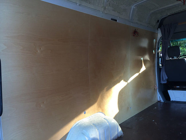 Then it was time to get to the meat of the van -- he used a pre-finished piece of baltic birch plywood for paneling.