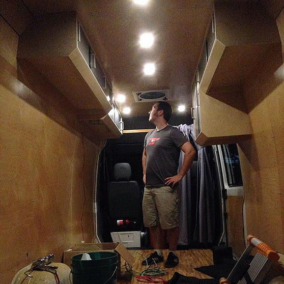 He started the installation with the upper cabinets and worked his way down.