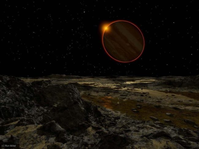 Instead of showing the spectacle on Jupiter itself, Miller opted to depict this massive planet in all its glory as it blocks out the setting sun, allowing us to watch it all unfold from one of Jupiter's moons.