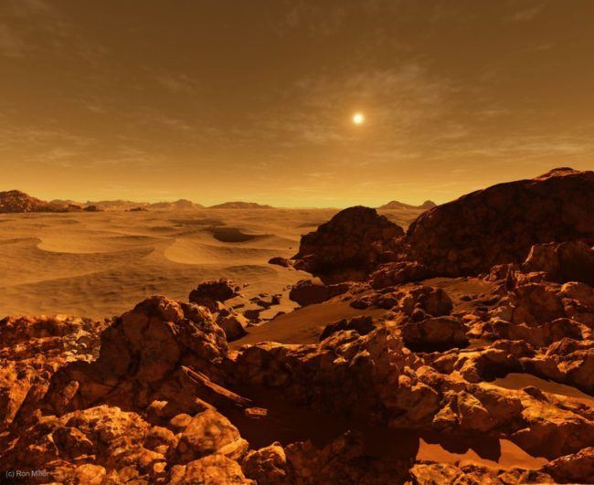 When we skip Earth, we go straight to Mars. Its sunset is a muted version of ours. Wind speeds are painfully high, however, which kicks up dust in front of the sun and dulls its appearance.