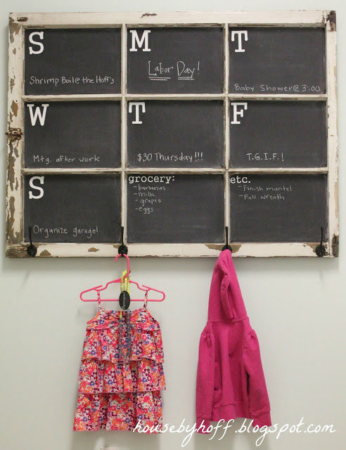 Use an old window to make an awesome <a target="_blank" href="http://www.housebyhoff.com/2013/09/old-window-chalkboard-calendar-its-30/">weekly calendar</a>.