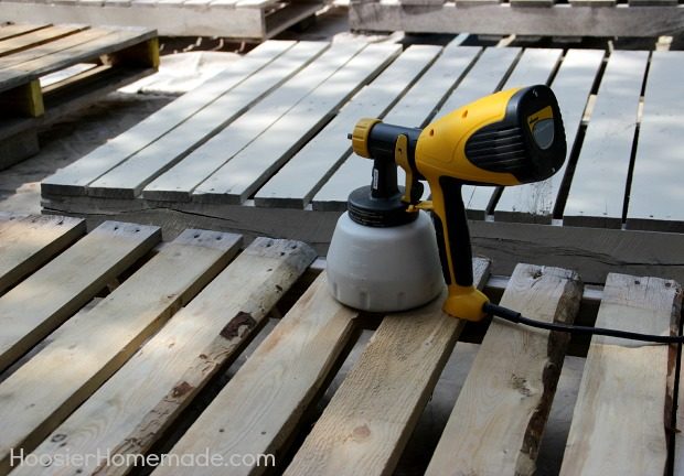 They stained the pallets using Olympics Solid Stain. You can paint them for a different look.