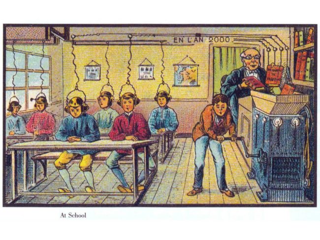 In the classroom, students would hand crank the information into their brains.