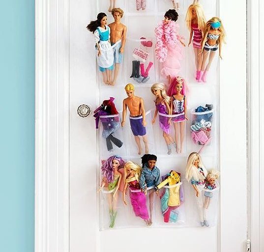 Keep Barbie and friends in an over-the-door shoe organizer to ensure that everyone gets to participate in playtime!