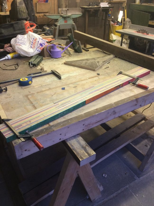 After the boards were trimmed to size and stacked, it was time to start gluing them together.