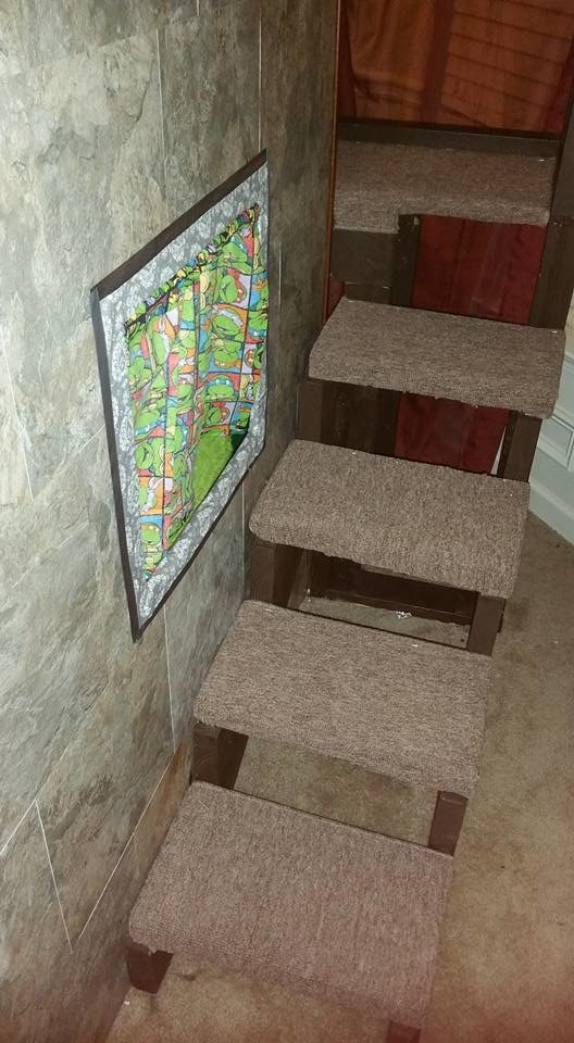 Nobody likes stubbed toes or splinters, so Mom cut up a cheap rug and stapled pieces to the stairs.