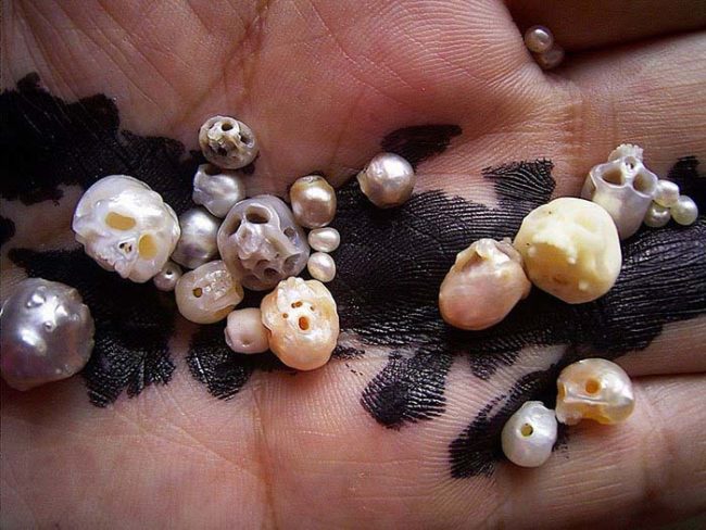 &ldquo;I&rsquo;ve experimented with different types of materials to carve out skulls, but the ones I carved out of pearls are by far the best in terms of the durability. I also thought the contradiction between pristine pearls turning into these dark objects seemed even more appealing. I would call them 'Fairy Skulls<em>,'" </em>writes Nakaba.