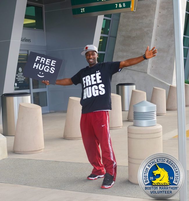 Nwadike was inspired to bring light into people's lives by giving out free hugs after the horrific Boston Marathon bombing back in 2013.