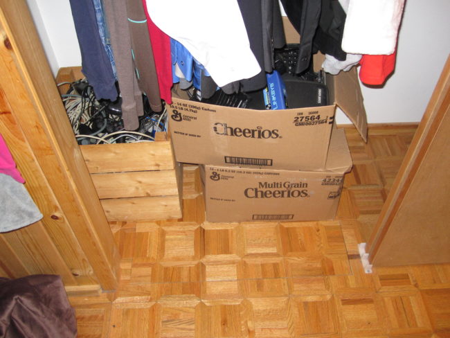 While moving all their stuff into their new house, Matt stacked some boxes into an empty closet, not paying much attention to the floor.