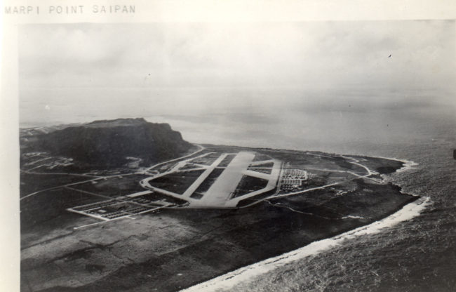 Here's an aerial view of Marpi Point Field and Suicide Cliff. The airfield was built by the Imperial Japanese Navy Air Services, but following the Battle of Saipan, it was overtaken by the U.S. 24th Marines on July 9, 1944.