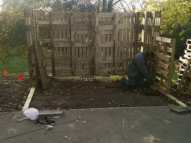 Eventually, he got to the point where he needed to cut the pallets into smaller pieces to fit the 10-by-10-foot frame.