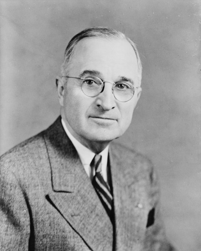 Harry S. Truman entered office in 1945.