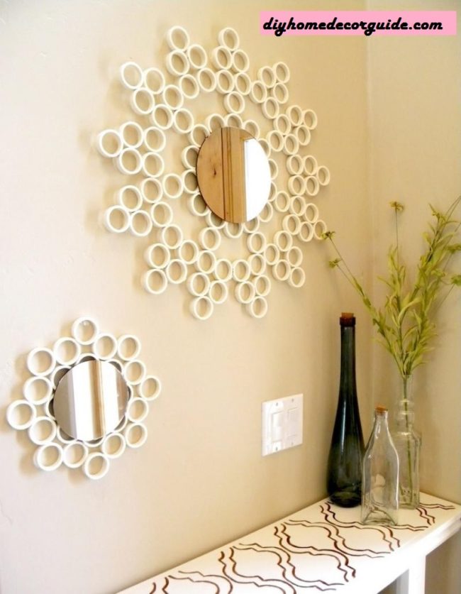 Make <a href="http://diyhomedecorguide.com/pvc-pipe-crafts/" target="_blank">cute mirror frames</a> by cutting PVC pipes into thin pieces.