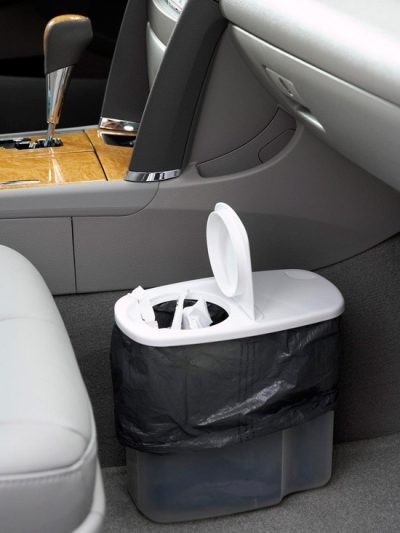 Turn a plastic cereal container into a trash can for your car.