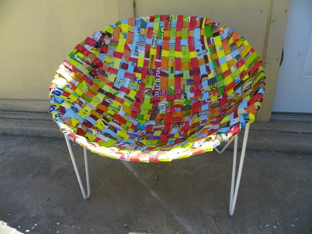 This crafter used old dog food bags to make this epic <a href="http://www.instructables.com/id/Woven-Patio-Chair/" target="_blank">woven chair</a>.