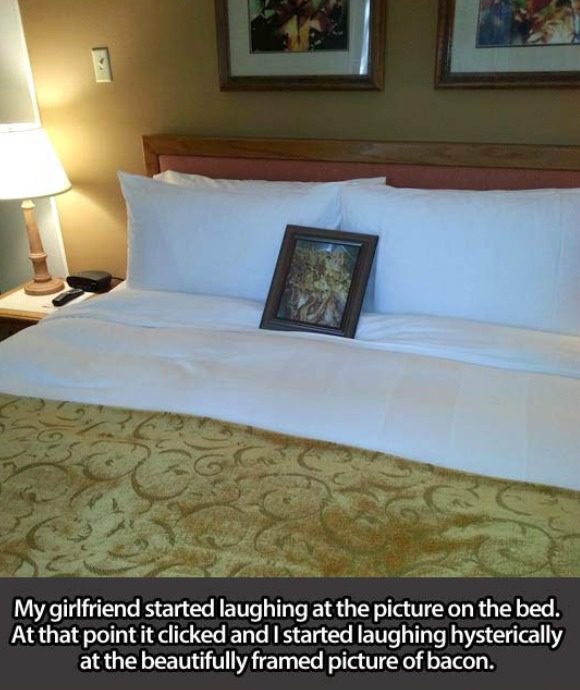 He became even more confused when he saw a framed picture on the bed.