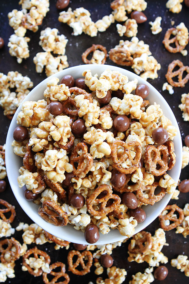 Love sweet and salty treats? Then you have to check out this <a target="_blank" href="http://www.twopeasandtheirpod.com/peanut-butter-pretzel-caramel-popcorn/">peanut butter pretzel</a> recipe.