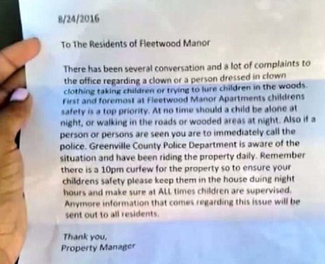 A letter circulated around the complex that shared the full story after management received a number of complaints about the criminal clown.