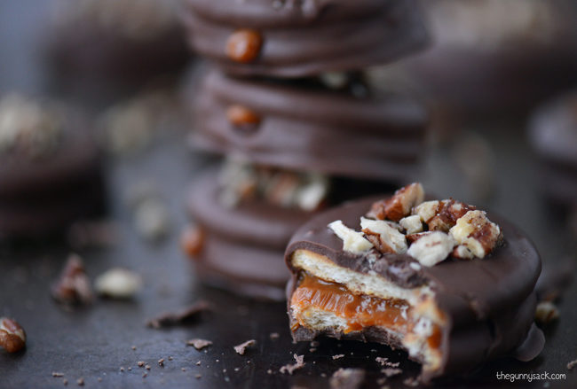 Combine chocolate, caramel, and crackers to make this <a href="http://www.thegunnysack.com/turtle-cookies-caramel-filled-ritz-sandwiches/" target="_blank">awesome treat</a>.