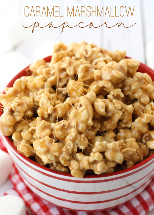 This <a target="_blank" href="http://lilluna.com/caramel-marshmallow-popcorn/">caramel marshmallow</a> recipe is everything that is delicious and gooey in this world.
