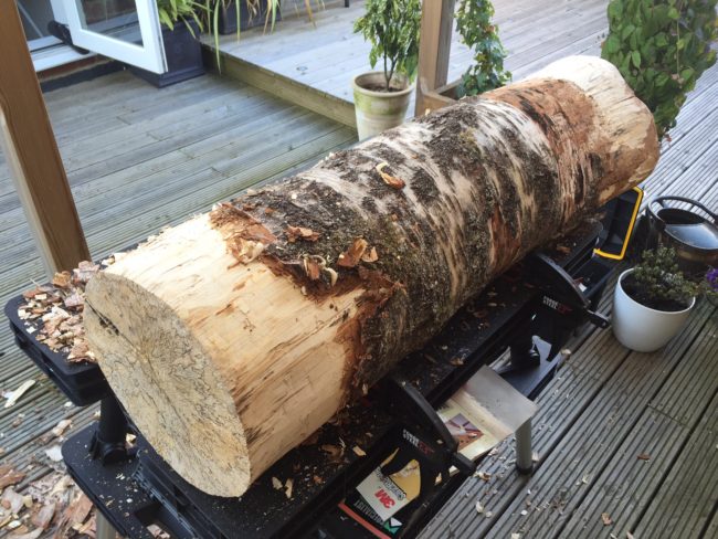 First he cut the log to size and then began stripping the bark off with a chisel.