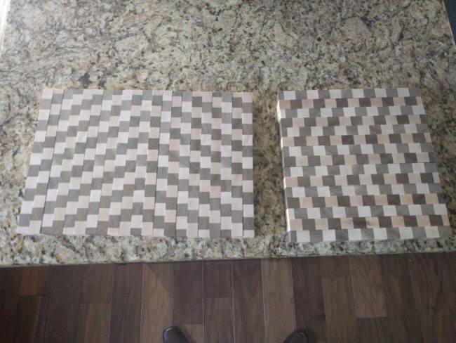 Next, he cross-cut the boards into strips and placed them with the grain side up.