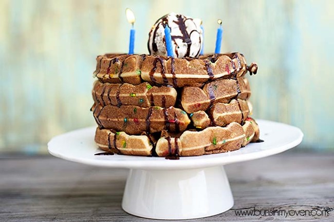 Breakfast food can <a href="http://www.bunsinmyoven.com/2012/04/11/funfetti-cake-waffles/" target="_blank">be a birthday cake</a>, too with these funfetti waffles!