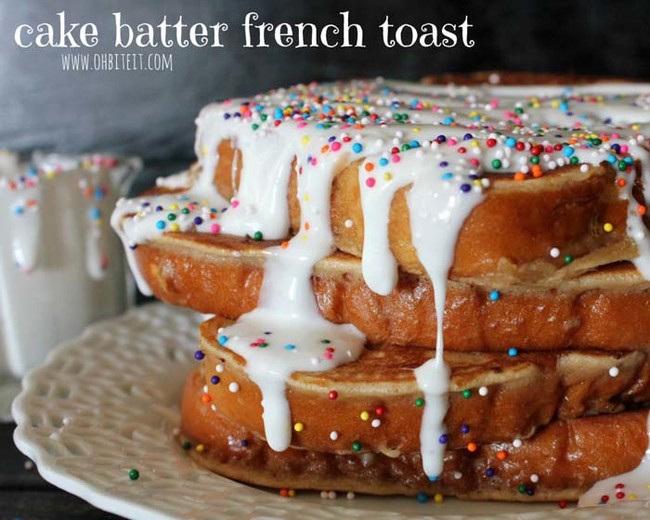 <a href="http://www.ohbiteit.com/2014/08/cake-batter-french-toast.html" target="_blank">Cake batter French toast</a> is definitely as good as it sounds.