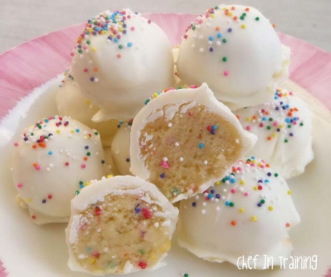 These <a href="http://www.chef-in-training.com/2011/09/no-bake-cake-batter-truffles-take-2/" target="_blank">no-bake cake truffles</a> are to die for.
