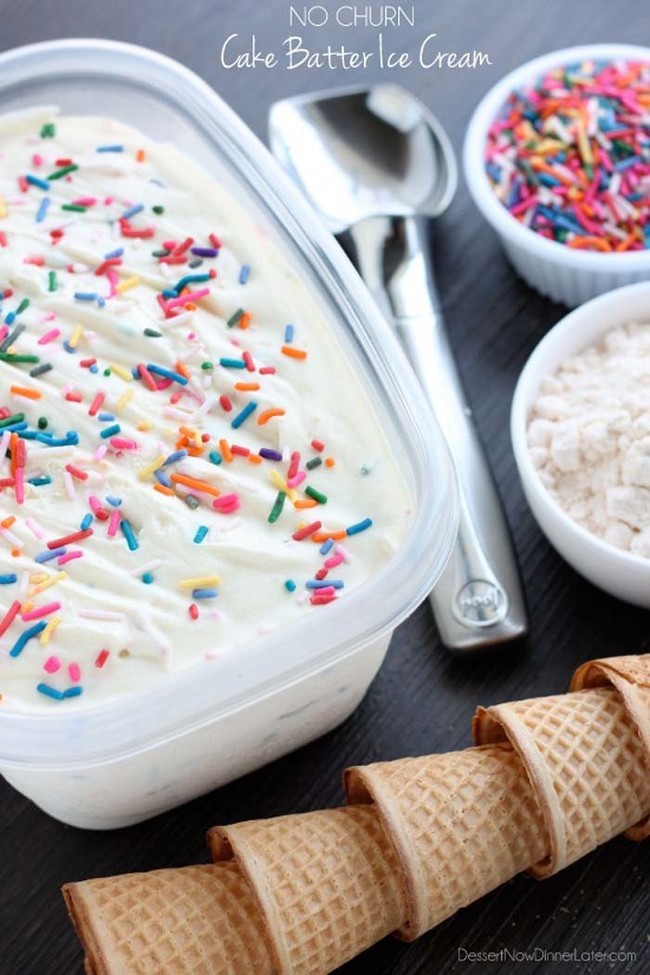 <a href="http://www.dessertnowdinnerlater.com/2014/07/no-churn-cake-batter-ice-cream/" target="_blank">Cake batter ice cream</a> is actually super easy to make!