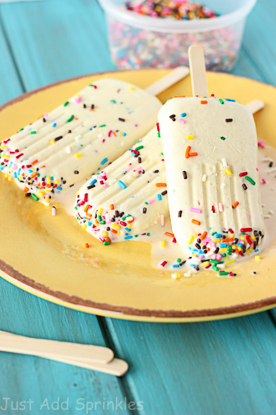 These <a href="http://just-add-sprinkles.com/2015/07/27/cake-batter-popsicles/" target="_blank">cake batter popsicles</a> can be enjoyed year-round.