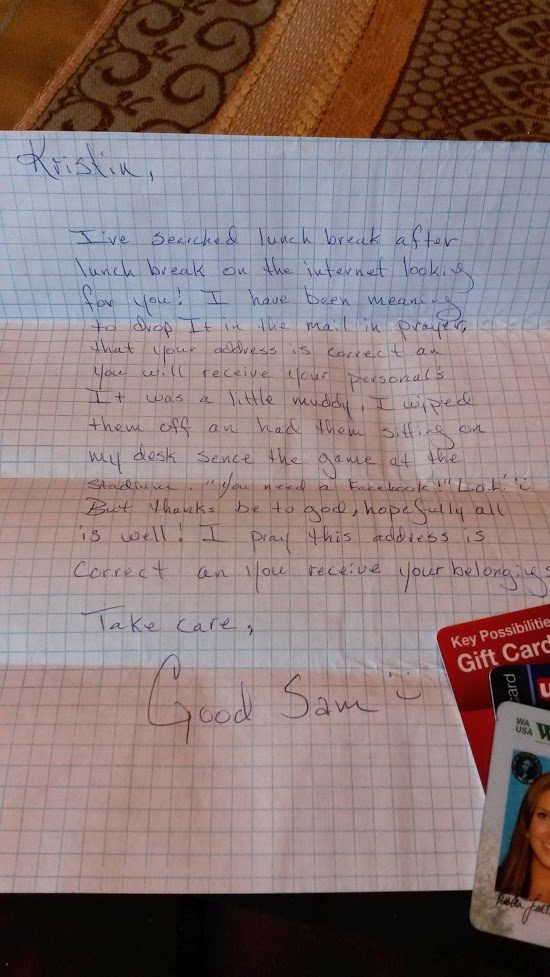 This woman lost her wallet at a football game, but a Good Samaritan found it and mailed it back to her.