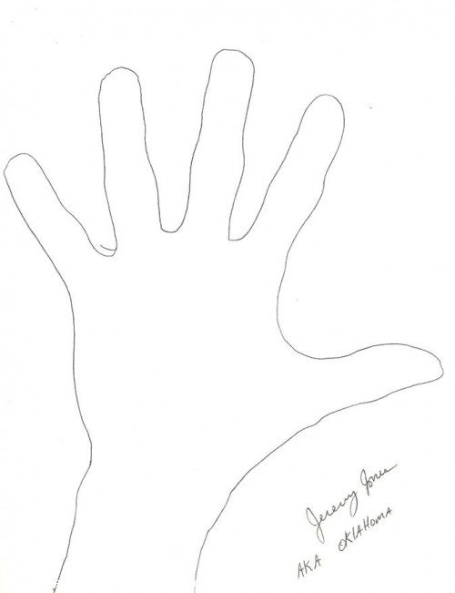 This is a tracing of the hand of Jeremy Jones, a rapist who claims to have killed many people, including a whole family in Oklahoma.  His confessions were so wild, though, that police were never able to sort the truth from all of his heinous fiction.  He was convicted of killing one woman in 2004, but there's no telling how many victims he actually left in his wake.