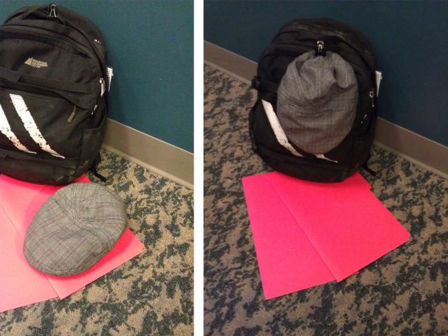 If you like wearing hats, you can hang them on your backpack instead of shoving them inside.  Thread a hair tie through one of the backpack's handles and attach a clip to the other side.
