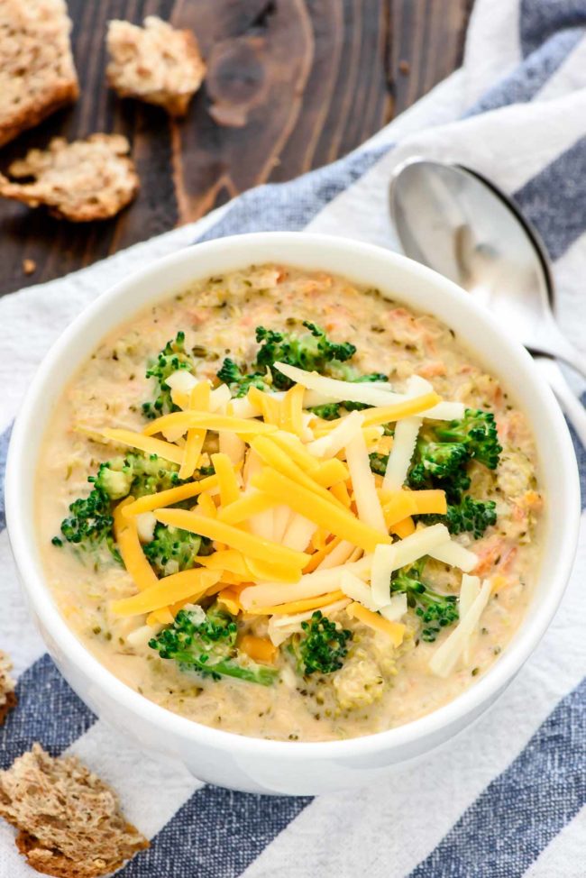 Eat healthy(ish) with this yummy <a target="_blank" href="http://www.wellplated.com/slow-cooker-broccoli-and-cheese-soup/">broccoli and cheese soup</a>.