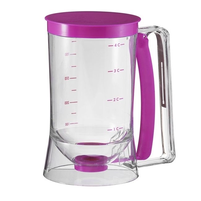 Keep portions even with a <a href="https://www.amazon.com/gp/product/B00FHMMTB4/?_encoding=UTF8&amp;tag=vira0d-20" target="_blank">cake batter dispenser</a>.