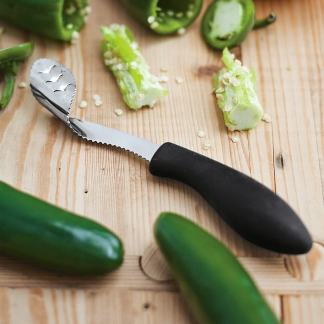 Quickly remove seeds from peppers with this specially designed <a href="http://www.williams-sonoma.com/products/jalapeno-pepper-corer/" target="_blank">serrated knife</a>.