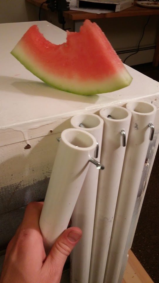 After that, they were hooked onto the nightstand. (Watermelon slice is, of course, optional.)