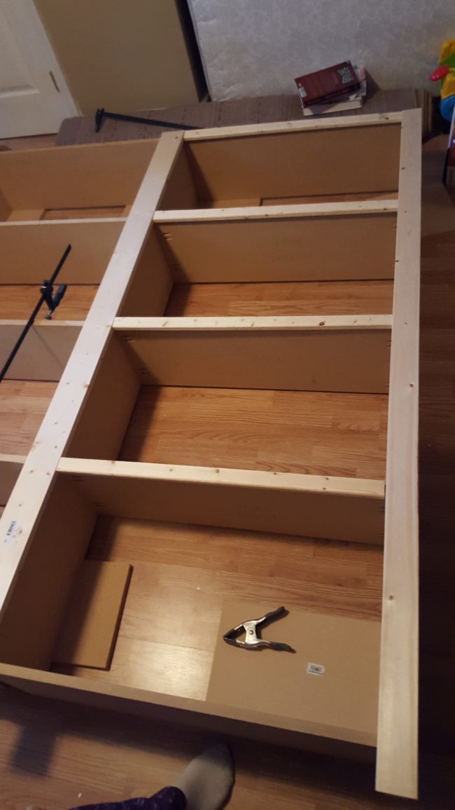 Once both shelves were complete, trim board was added to all sides except for the tops of both units.