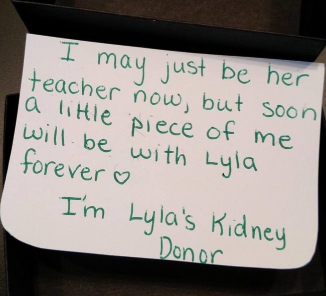 It turns out that Beth Battista, Lyla's preschool teacher, was a perfect match.  This selfless woman made the amazing choice to give Lyla a kidney and save her life. They plan to go through with the operation this coming February.
