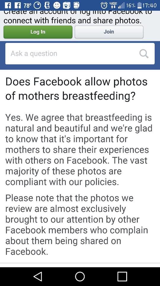 However, the mom's Facebook account was deleted within hours. Why? A friend of the Wasonik's posted this screenshot in their defense. Clearly, Facebook allows photos of breastfeeding.