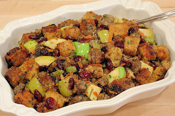 This <a href="http://wickedgoodkitchen.com/five-star-sausage-apple-and-cranberry-stuffing/" target="_blank">apple sausage and cranberry stuffing</a> is sure to leave you feeling good and full.