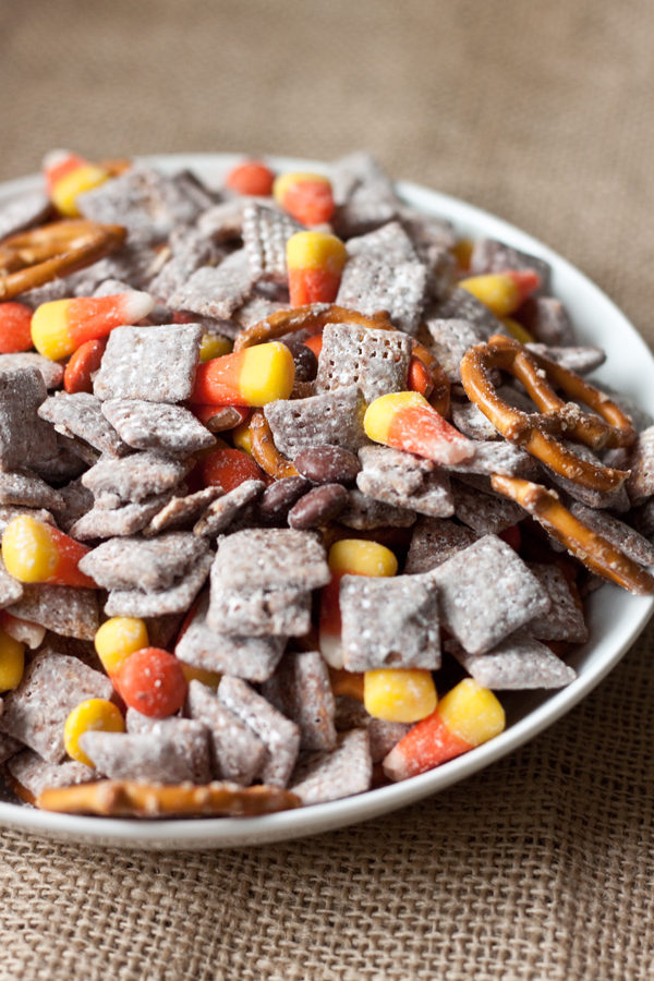 This <a href="http://boysahoy.com/halloween-muddy-buddy-mix/" target="_blank">muddy buddy recipe</a> puts a Halloween twist on this addicting treat. 