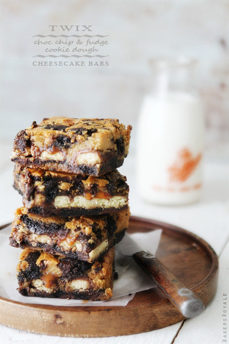 These <a href="http://www.bakersroyale.com/twix-cookie-dough-cheesecake-bars/" target="_blank">cheesecake bars</a> are perfect with any leftover candy bar.