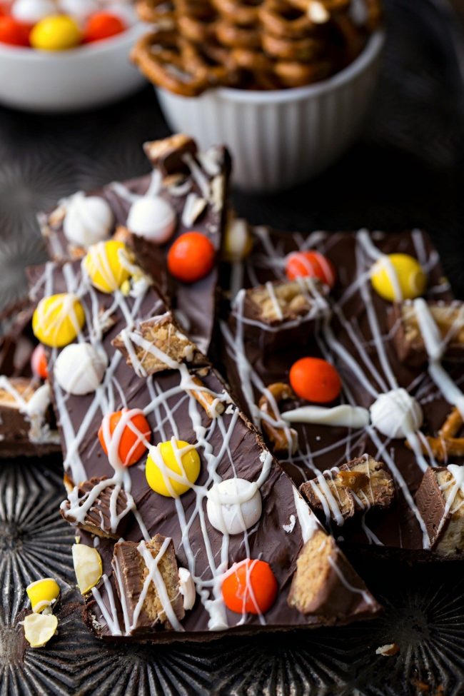 Throw together any combination of leftover candy and you're sure to end up with delicious <a href="http://www.ihearteating.com/halloween-candy-bark/" target="_blank">Halloween bark</a>.