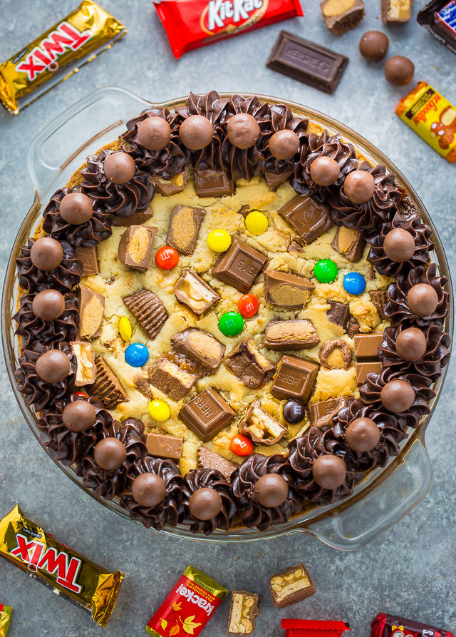 This <a href="http://bakerbynature.com/halloween-candy-cookie-cake/" target="_blank">leftover candy pie</a> requires so many delicious confections, you may have to run to the store for more. 