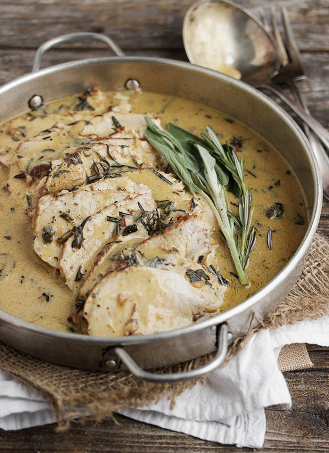 The herb and wine mixture in this creamy sauce is instrumental in pulling off this <a href="http://www.seasonsandsuppers.ca/pork-loin-wine-herbs/" target="_blank">pork loin</a> dish.