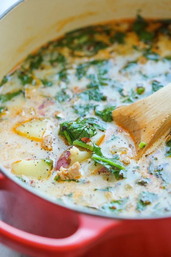 I can't wait to eat a steaming bowl of this <a href="http://damndelicious.net/2014/10/29/sausage-potato-spinach-soup/#_a5y_p=2798333" target="_blank">sausage, potato, and spinach soup</a> on a cold night.