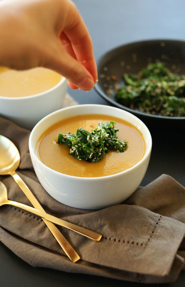 This <a href="http://minimalistbaker.com/simple-pumpkin-soup/" target="_blank">simple pumpkin soup</a> makes a perfect first course that's vegetarian friendly!